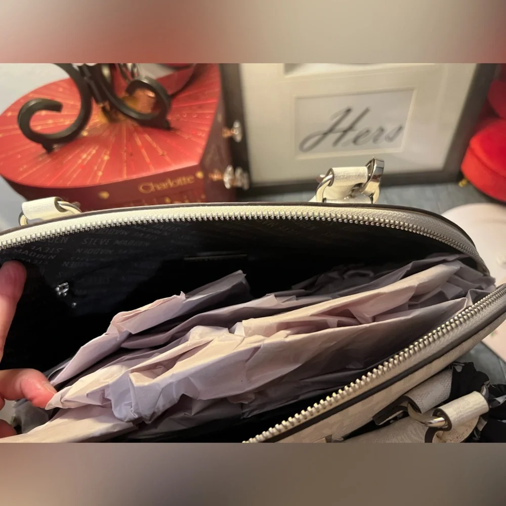 Steve Madden White and Black Dome Satchel with Black Scarf